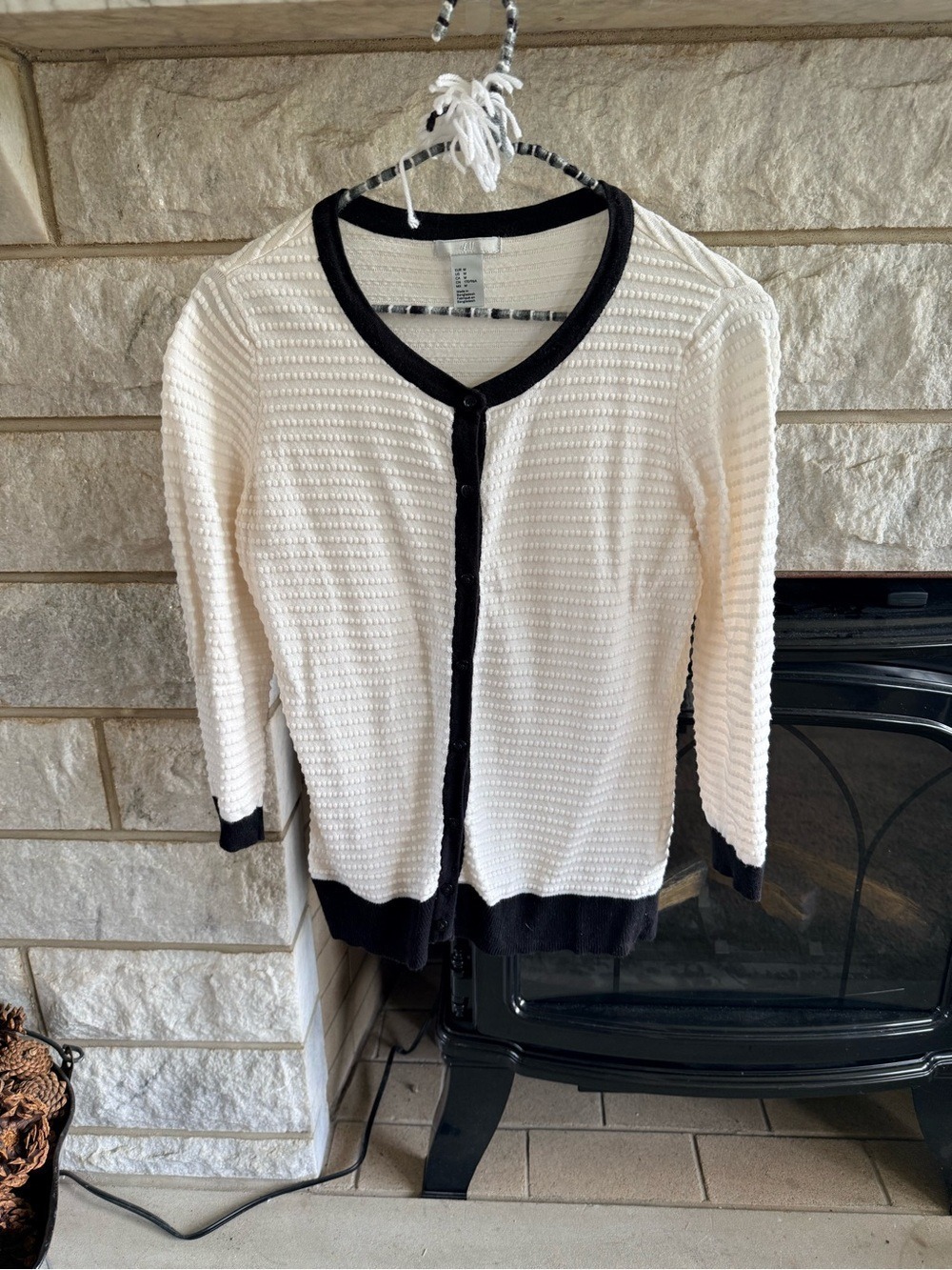 H&M Cream Textured Cardigan with Black Trim Medium